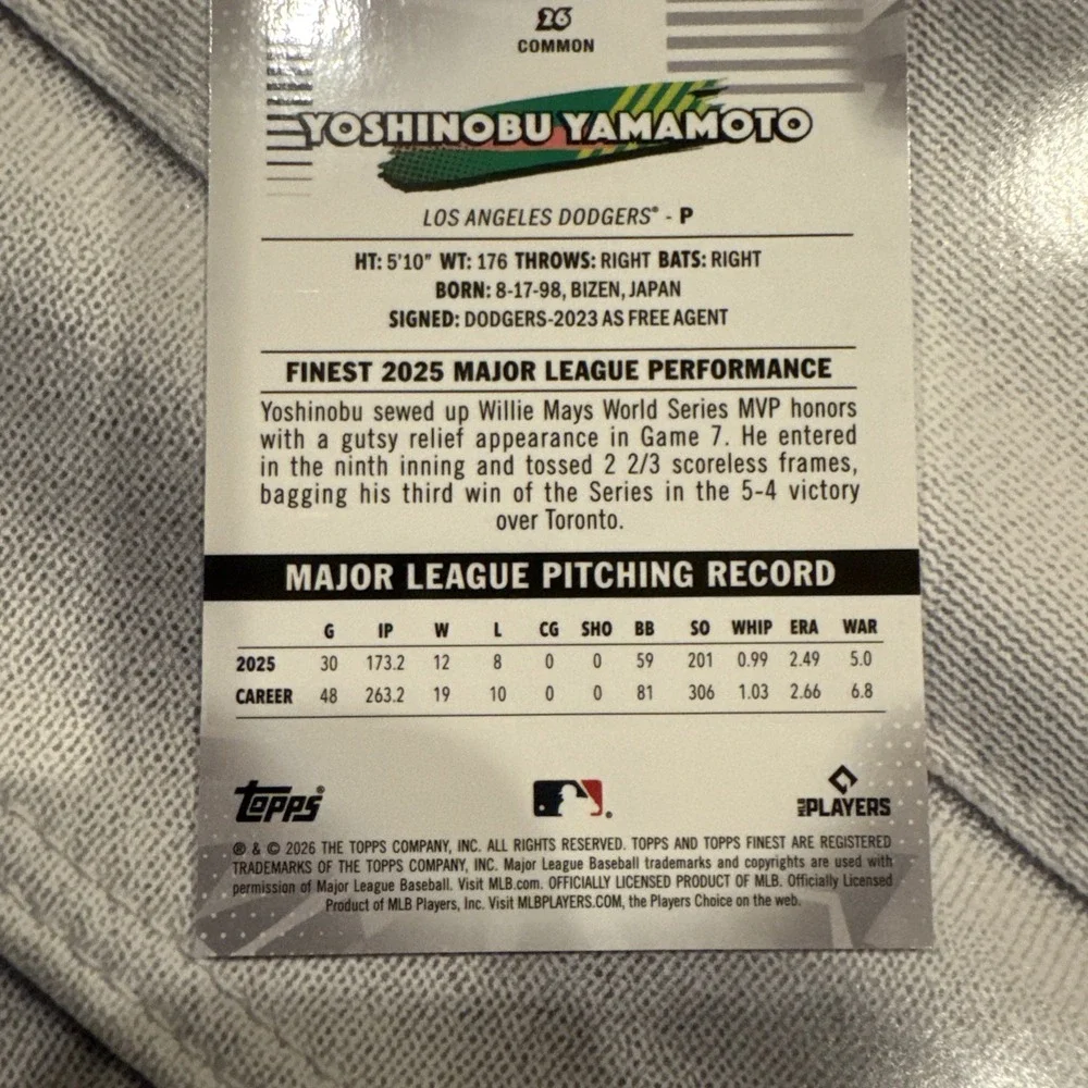 Topps Finest 2026 Yoshinobu Yamamoto Common Mini Diamond #26 Los Angeles Dodgers
